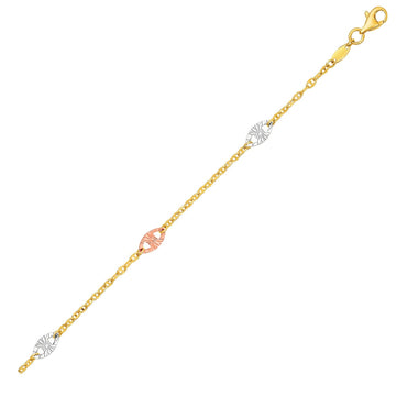 14k Three - Toned Yellow, White, and Rose Gold Anklet with Textured Ovals - Coolpeacock