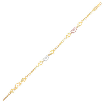 14k Tri - Color Gold Anklet with Multi Color Heart Stations - Coolpeacock