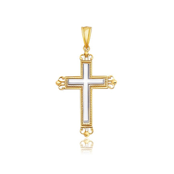 14k Two - Tone Gold Cross Pendant with an Ornate Budded Style - Coolpeacock