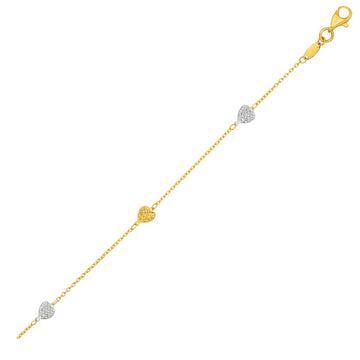 14k Two - Toned Yellow and White Gold Anklet with Textured Hearts - Coolpeacock