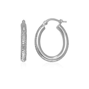 14k White Gold Diamond Cut Textured Oval Hoop Earrings. - Coolpeacock