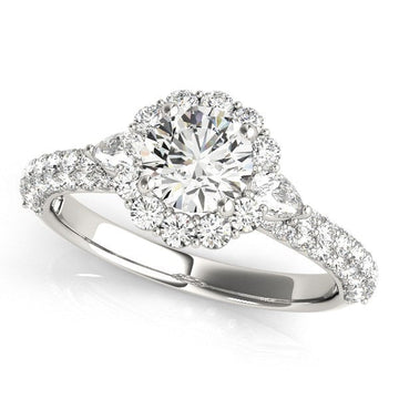 14k White Gold Halo Round Diamond Engagement Pave Band Ring (2 cttw) - Coolpeacock