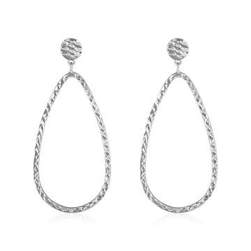 14k White Gold Textured Teardrop Motif Post Earrings - Coolpeacock