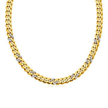 14k Yellow Gold 18 inch Polished Curb Chain Necklace with Diamonds - Coolpeacock