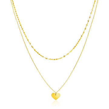14k Yellow Gold 18 inch Two Strand Necklace with Heart Pendant - Coolpeacock