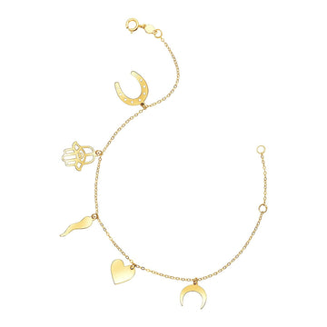 14k Yellow Gold 7 inch Bracelet with Polished Charms - Coolpeacock