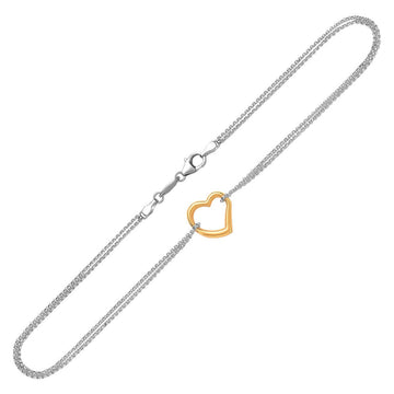14k Yellow Gold and Sterling Silver Anklet with a Single Open Heart Station - Coolpeacock