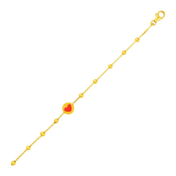 14k Yellow Gold Childrens Bracelet with Beads and Enameled Heart - Coolpeacock