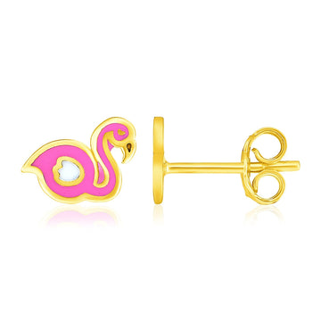 14k Yellow Gold Enameled Flamingo Childrens Earrings - Coolpeacock