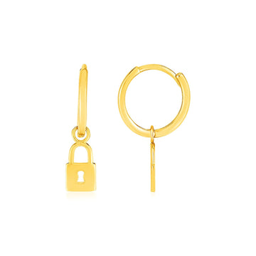 14k Yellow Gold Huggie Style Hoop Earrings with Padlock Drops - Coolpeacock