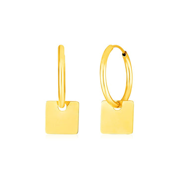 14k Yellow Gold Huggie Style Hoop Earrings with Square Drops - Coolpeacock