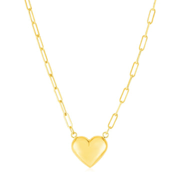 14k Yellow Gold Paperclip Chain Necklace with Puffed Heart - Coolpeacock