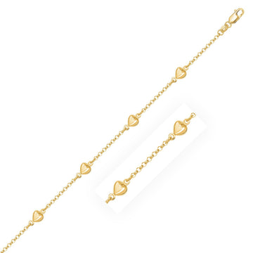 14k Yellow Gold Rolo Chain Bracelet with Puffed Heart Stations (3.30 mm) - Coolpeacock