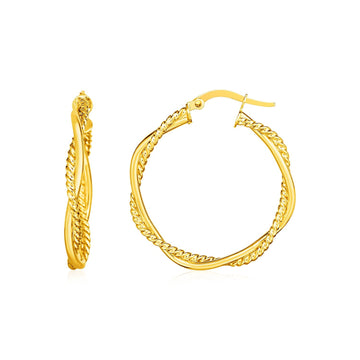14k Yellow Gold Two Part Textured Twisted Round Hoop Earrings(3x25mm) - Coolpeacock
