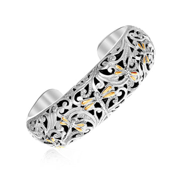 18k Yellow Gold & Sterling Silver Diamond Accent Dragonfly Cuff Bangle (19.00 mm) - Coolpeacock