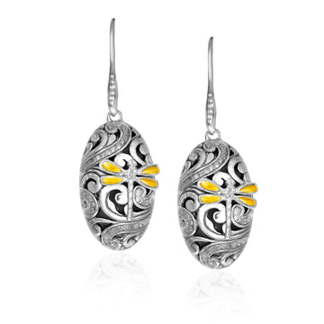 18k Yellow Gold & Sterling Silver Diamond and Dragonfly Oval Earrings - Coolpeacock