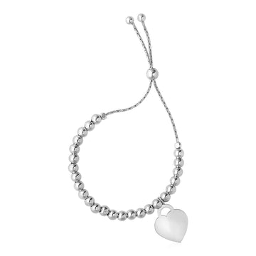 Adjustable Shiny Bead Bracelet with Heart Charm in Sterling Silver (1.30 mm) - Coolpeacock