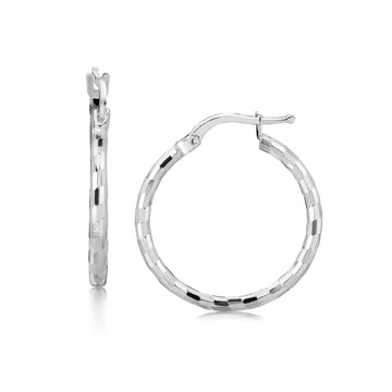Sterling Silver Diamond Cut Hoop Earrings with Rhodium Plating (2x20mm) - Coolpeacock