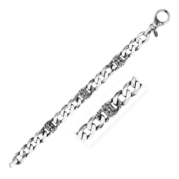 Sterling Silver Gunmetal Finish Cuban Link Bracelet with Floral Design (11.50 mm) - Coolpeacock