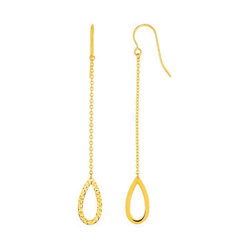 Textured Pear Shaped Long Drop Earrings in 14k Yellow Gold - Coolpeacock