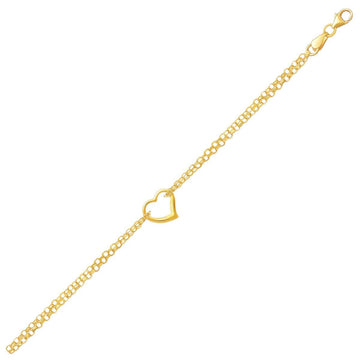 10k Yellow Gold Double Rolo Chain Anklet with an Open Heart Station - Coolpeacock