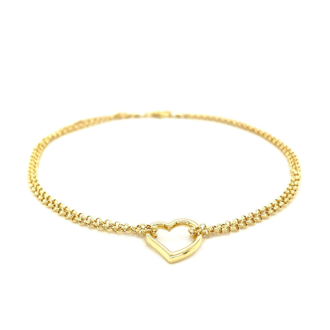 10k Yellow Gold Double Rolo Chain Anklet with an Open Heart Station - Coolpeacock
