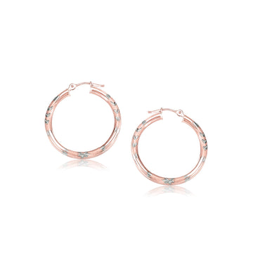14k Rose Gold Fancy Diamond Cut Hoop Earrings(3x25mm) - Coolpeacock