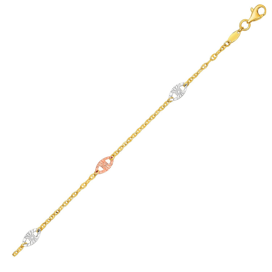 14k Three - Toned Yellow, White, and Rose Gold Anklet with Textured Ovals - Coolpeacock