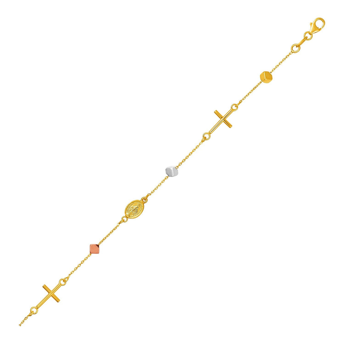 14k Tri Color Gold Bracelet with Crosses Cubes and Medallions - Coolpeacock