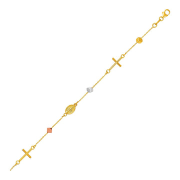 14k Tri Color Gold Bracelet with Crosses Cubes and Medallions - Coolpeacock