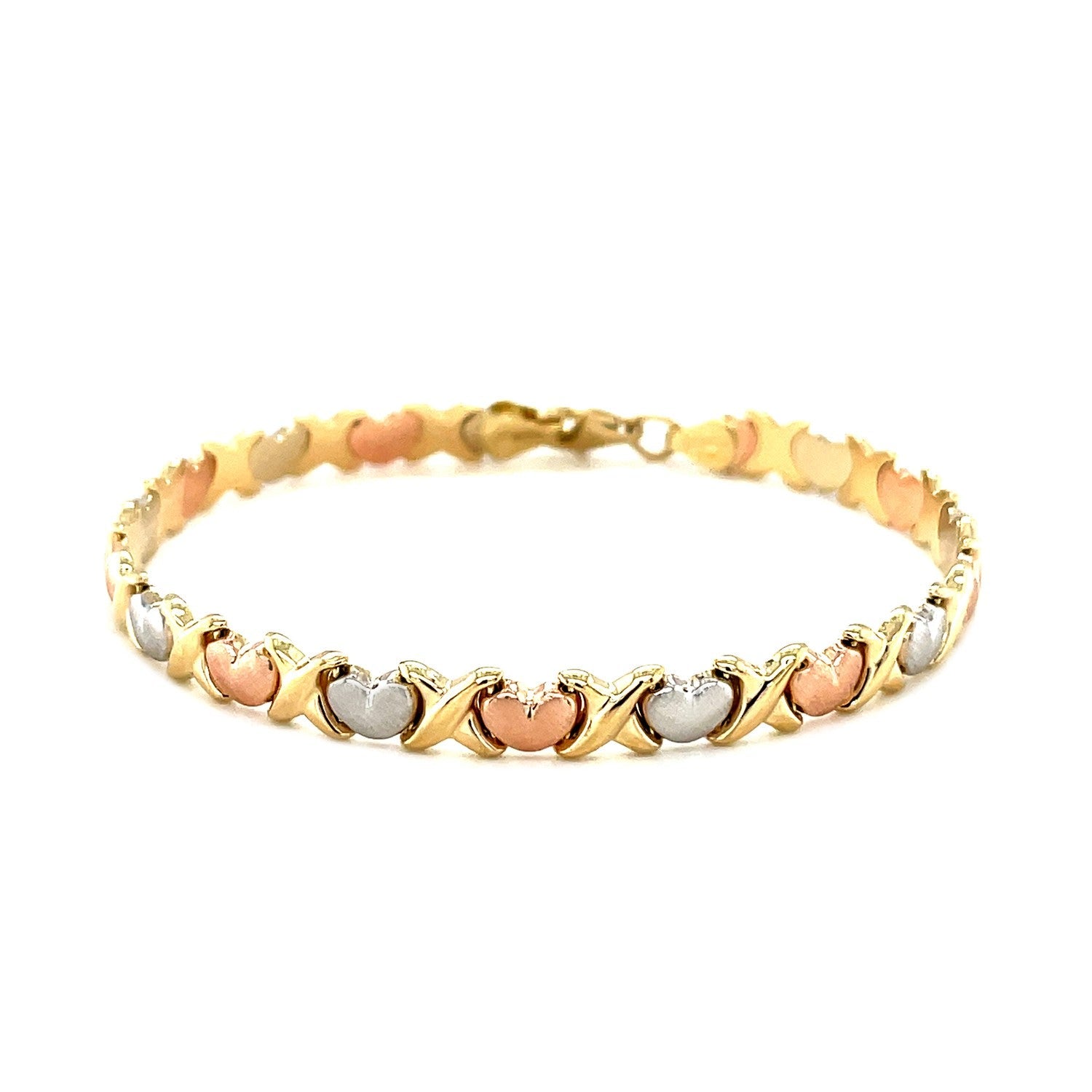 14k Tri - Color Gold Fancy Satin Heart Line Bracelet (6.35 mm) - Coolpeacock
