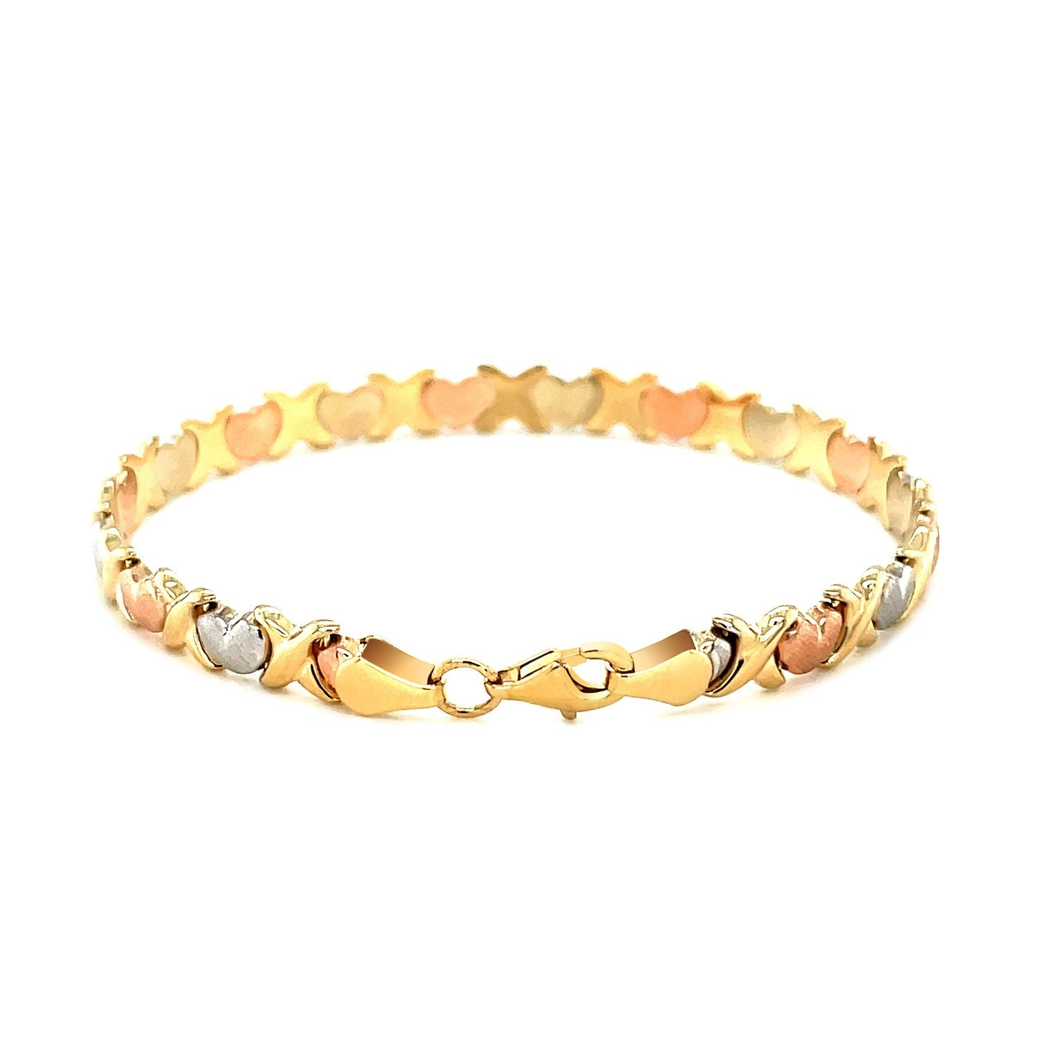 14k Tri - Color Gold Fancy Satin Heart Line Bracelet (6.35 mm) - Coolpeacock