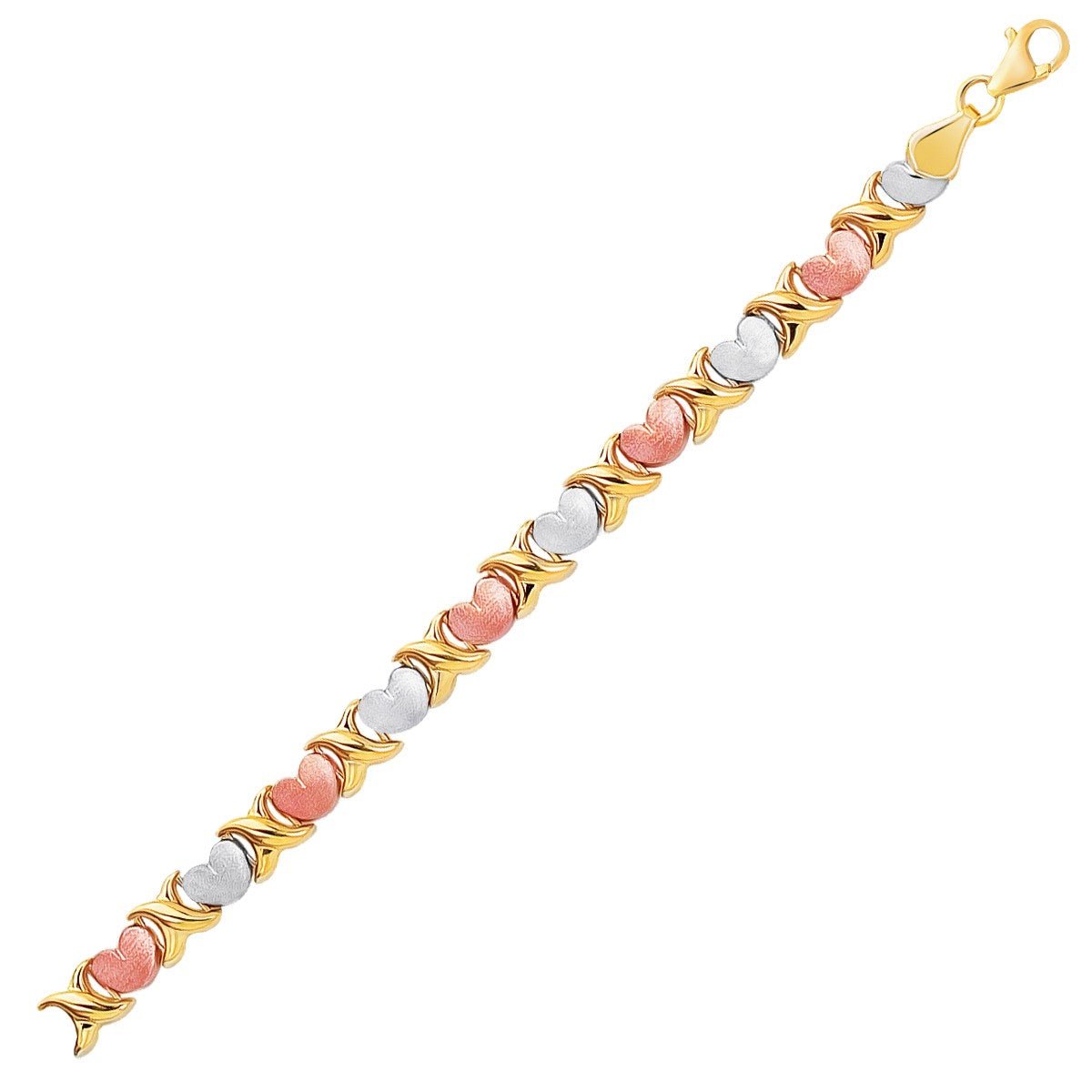 14k Tri - Color Gold Fancy Satin Heart Line Bracelet (6.35 mm) - Coolpeacock