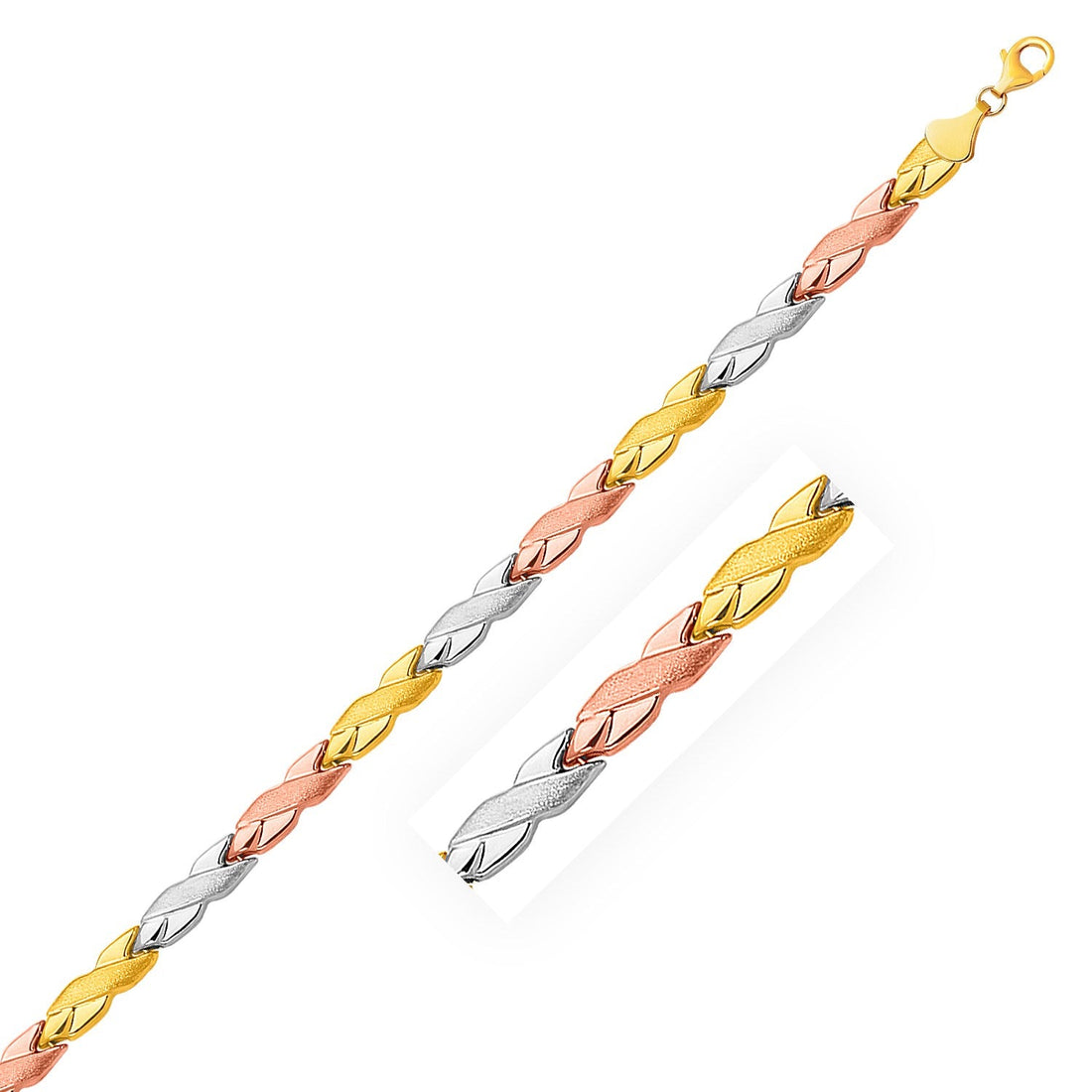 14k Tri - Color Gold Shiny and Textured X Link Bracelet (6.35 mm) - Coolpeacock