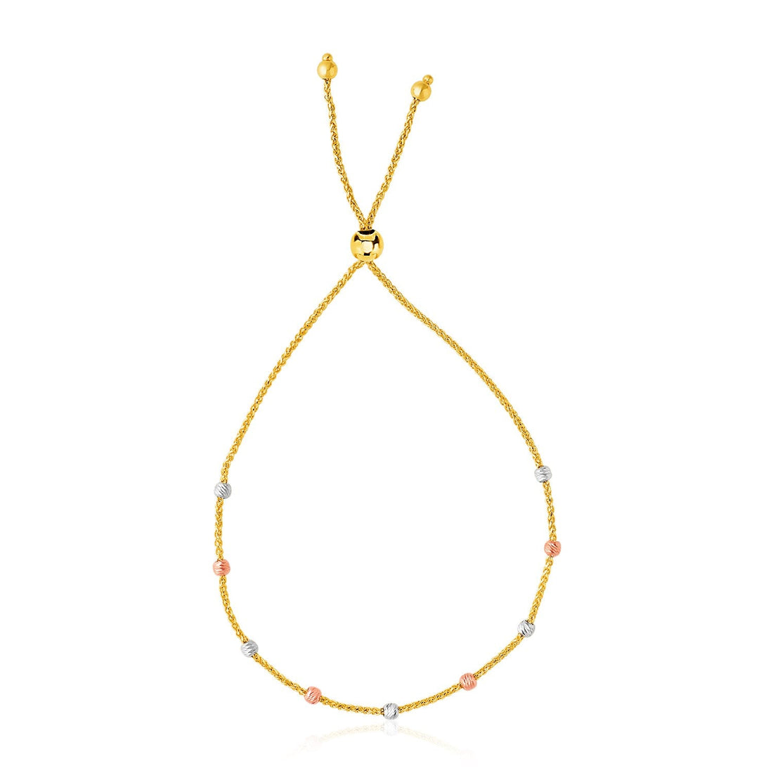 14k Tri - Color Gold Textured Bead Station Lariat Bracelet (5.00 mm) - Coolpeacock