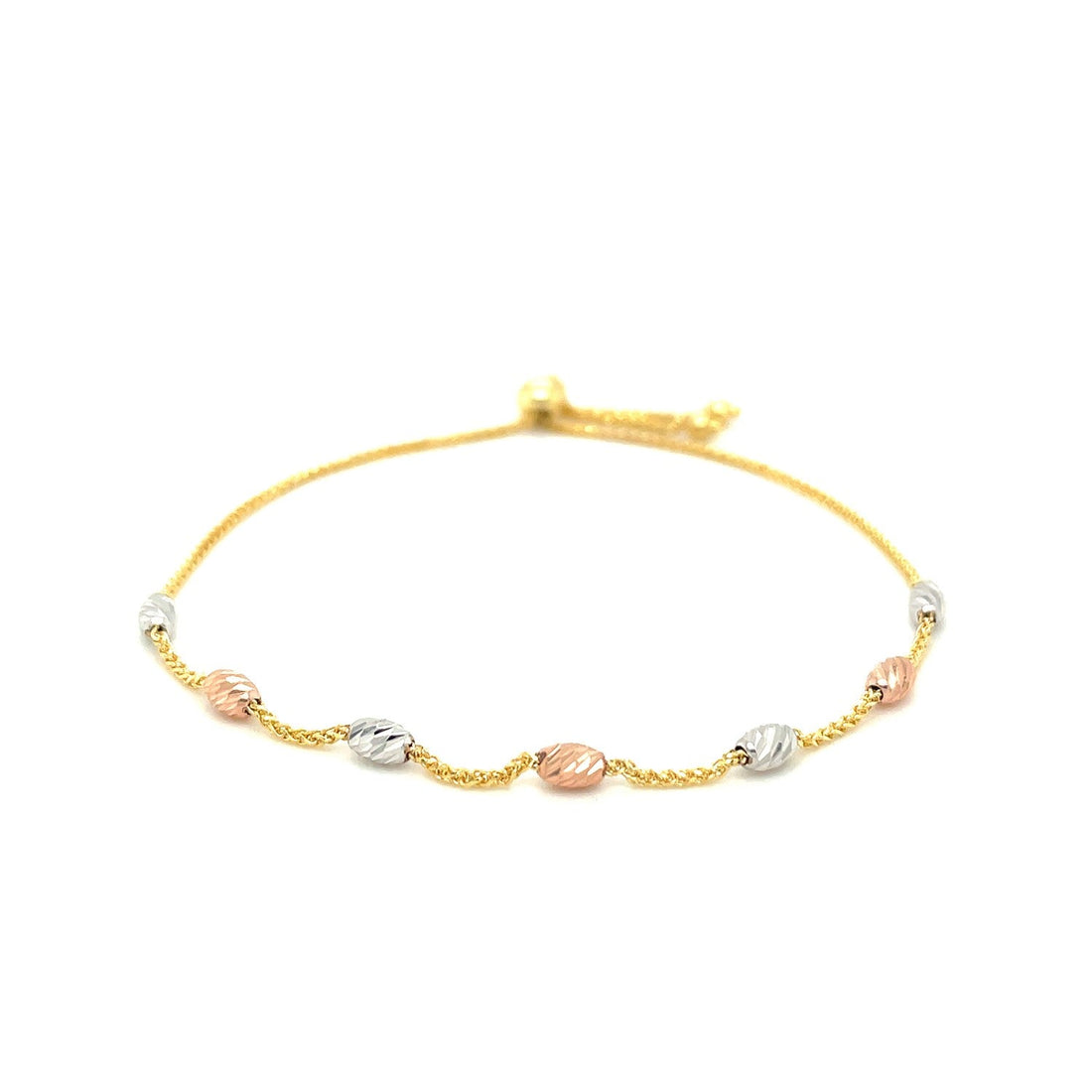 14k Tri - Color Gold Textured Oval Station Lariat Style Bracelet (1.20 mm) - Coolpeacock