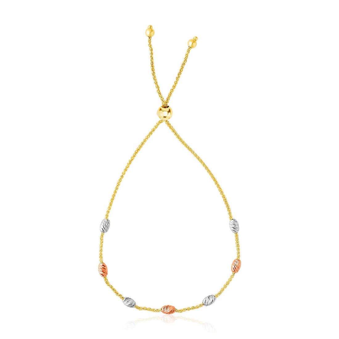 14k Tri - Color Gold Textured Oval Station Lariat Style Bracelet (1.20 mm) - Coolpeacock
