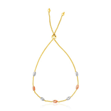 14k Tri - Color Gold Textured Oval Station Lariat Style Bracelet (1.20 mm) - Coolpeacock