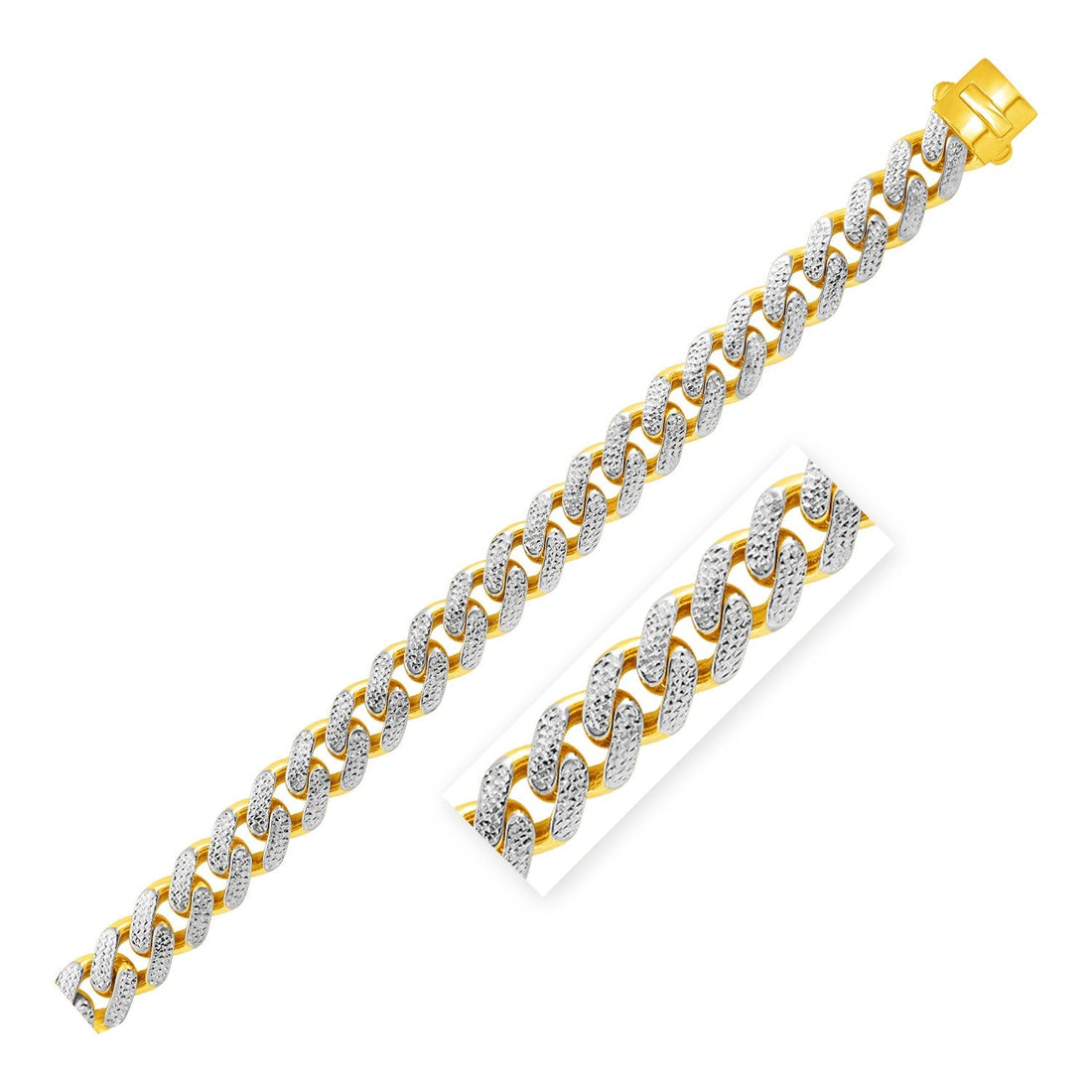 14k Two Tone Gold 8 1/2 inch Wide Curb Chain Bracelet with White Pave (13.50 mm) - Coolpeacock