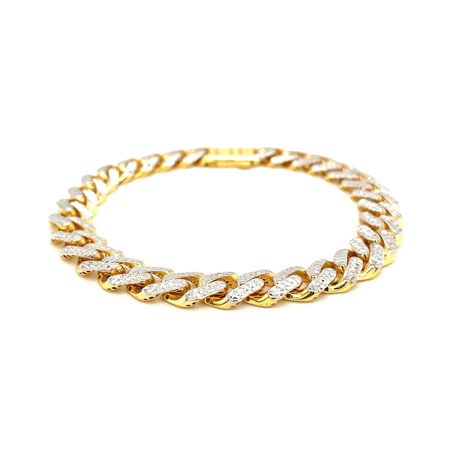 14k Two Tone Gold 8 1/4 inch Curb Chain Bracelet with White Pave (9.50 mm) - Coolpeacock
