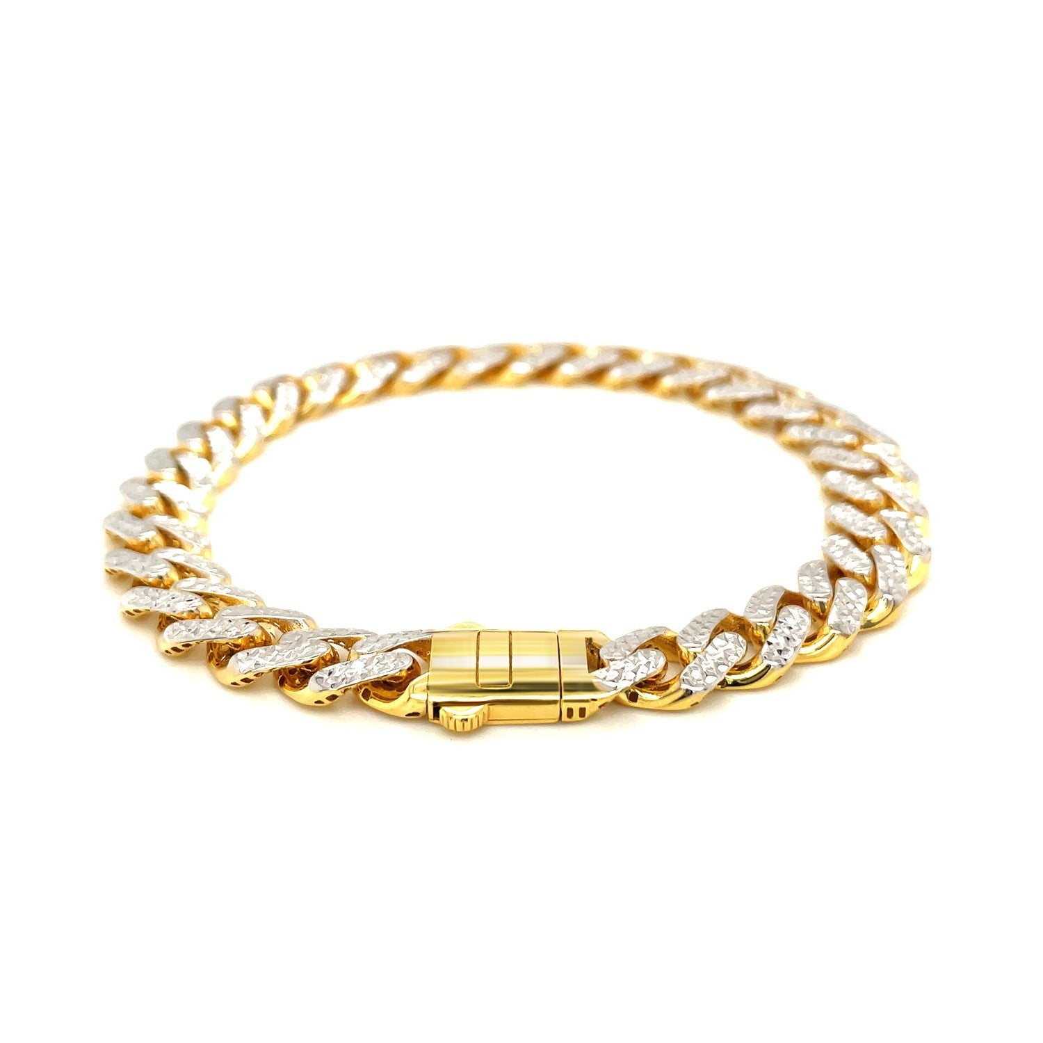 14k Two Tone Gold 8 1/4 inch Curb Chain Bracelet with White Pave (9.50 mm) - Coolpeacock