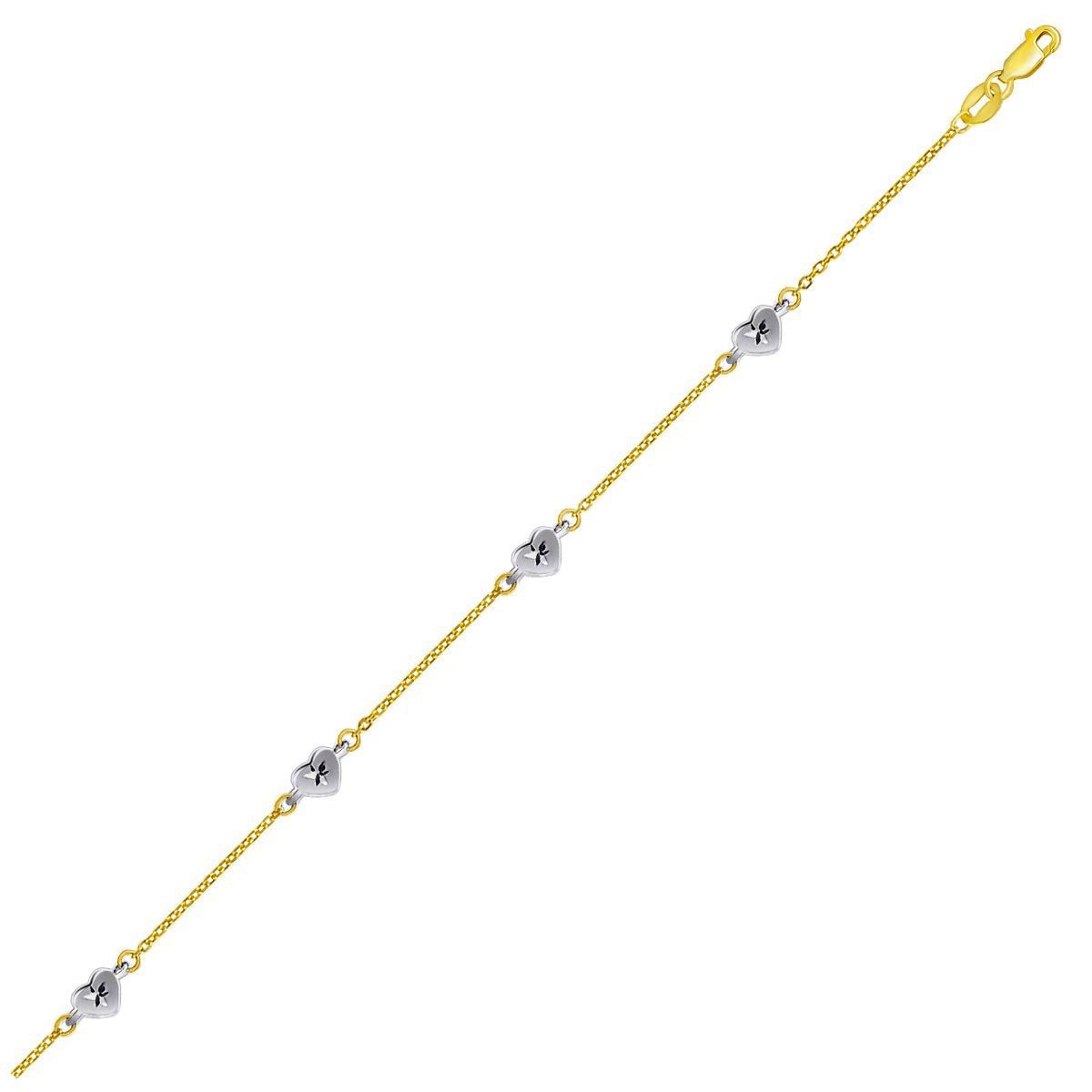 14k Two Tone Gold Anklet with Diamond Cut Heart Style Stations - Coolpeacock