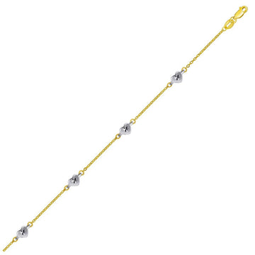 14k Two Tone Gold Anklet with Diamond Cut Heart Style Stations - Coolpeacock