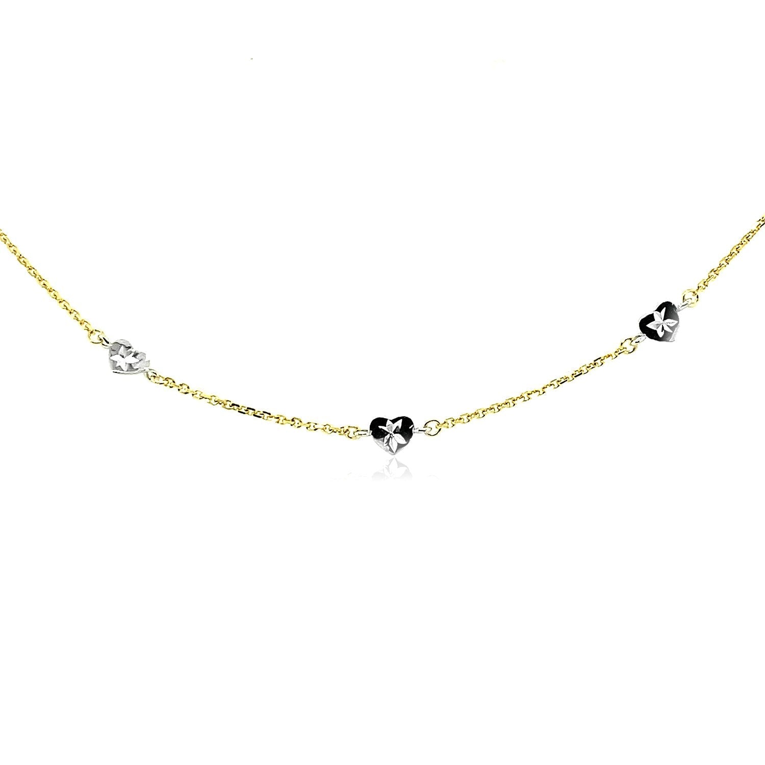 14k Two Tone Gold Anklet with Diamond Cut Heart Style Stations - Coolpeacock