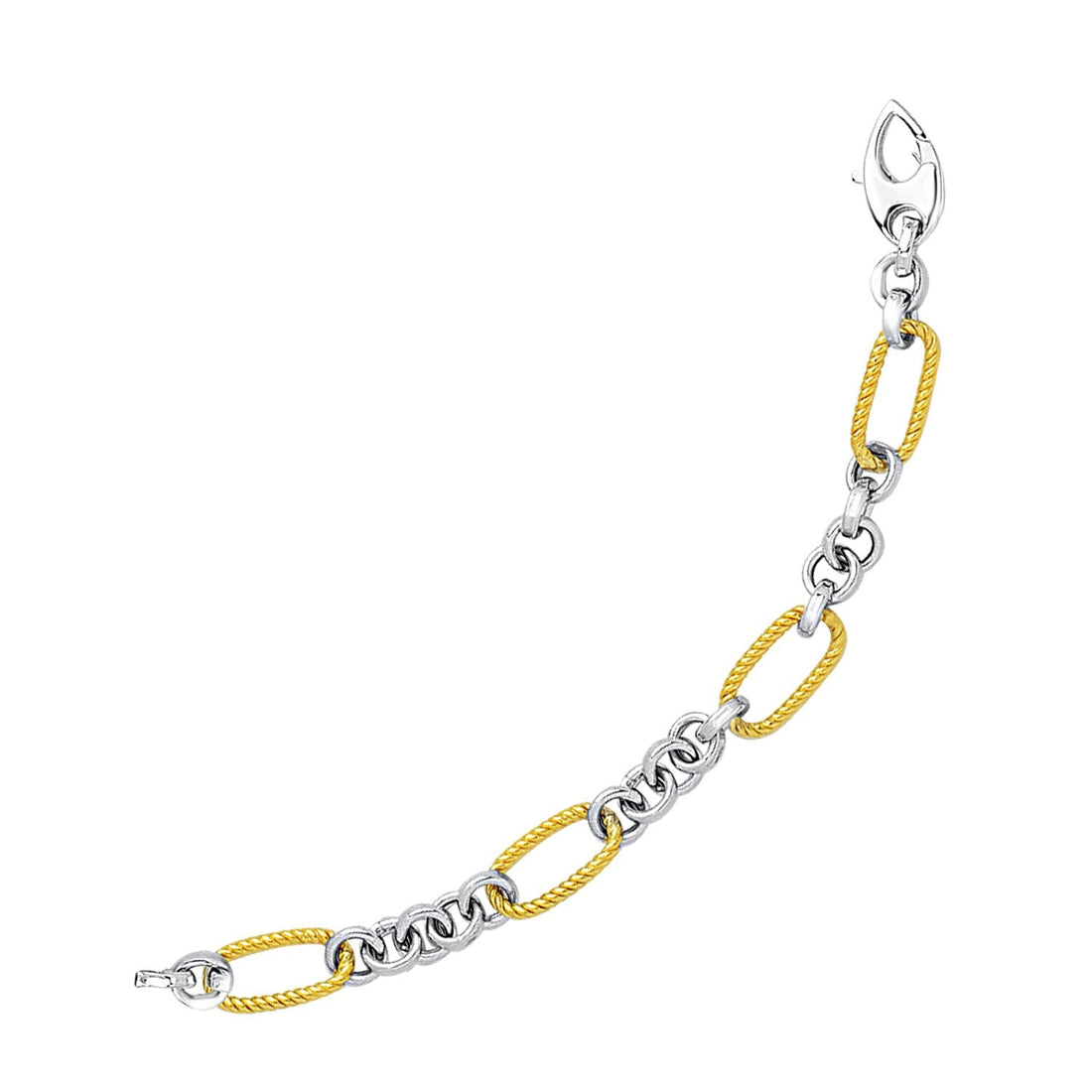 14k Two - Tone Gold Bracelet with Cable Textured Oval and Round Links (7.10 mm) - Coolpeacock