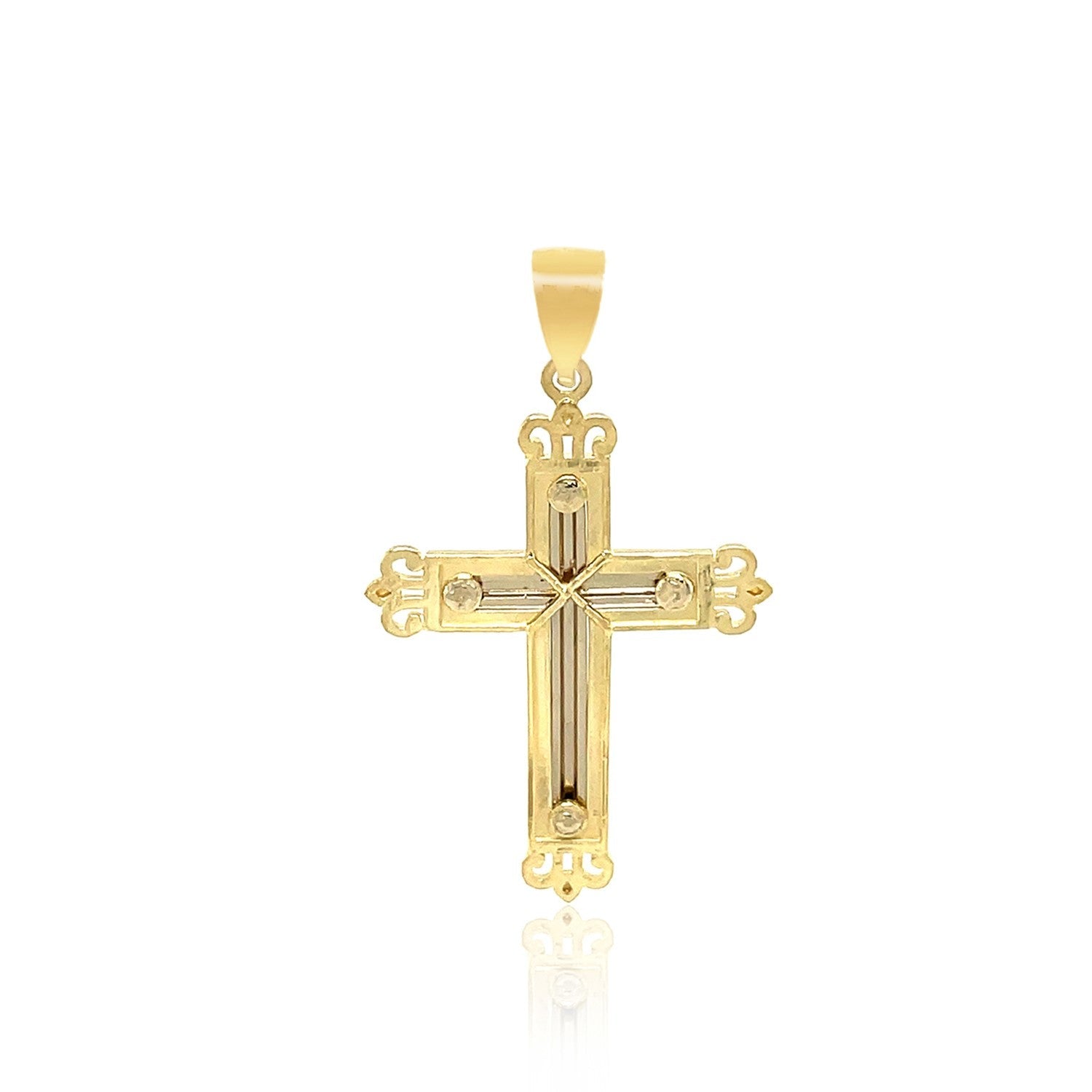 14k Two - Tone Gold Cross Pendant with an Ornate Budded Style - Coolpeacock