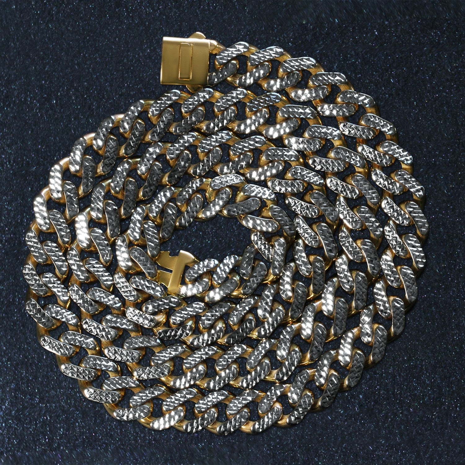 14k Two Tone Gold Miami Cuban Chain Necklace with White Pave - Coolpeacock