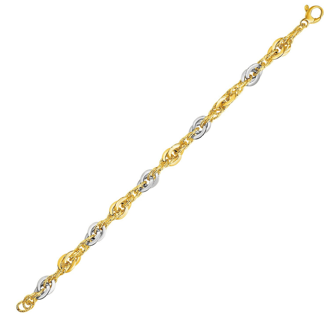 14k Two - Tone Yellow and White Gold Double Link Textured Bracelet (10.00 mm) - Coolpeacock