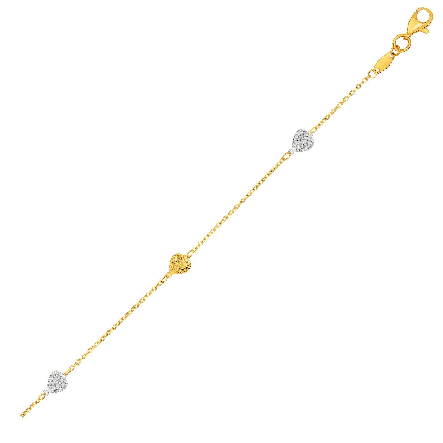 14k Two - Toned Yellow and White Gold Anklet with Textured Hearts - Coolpeacock