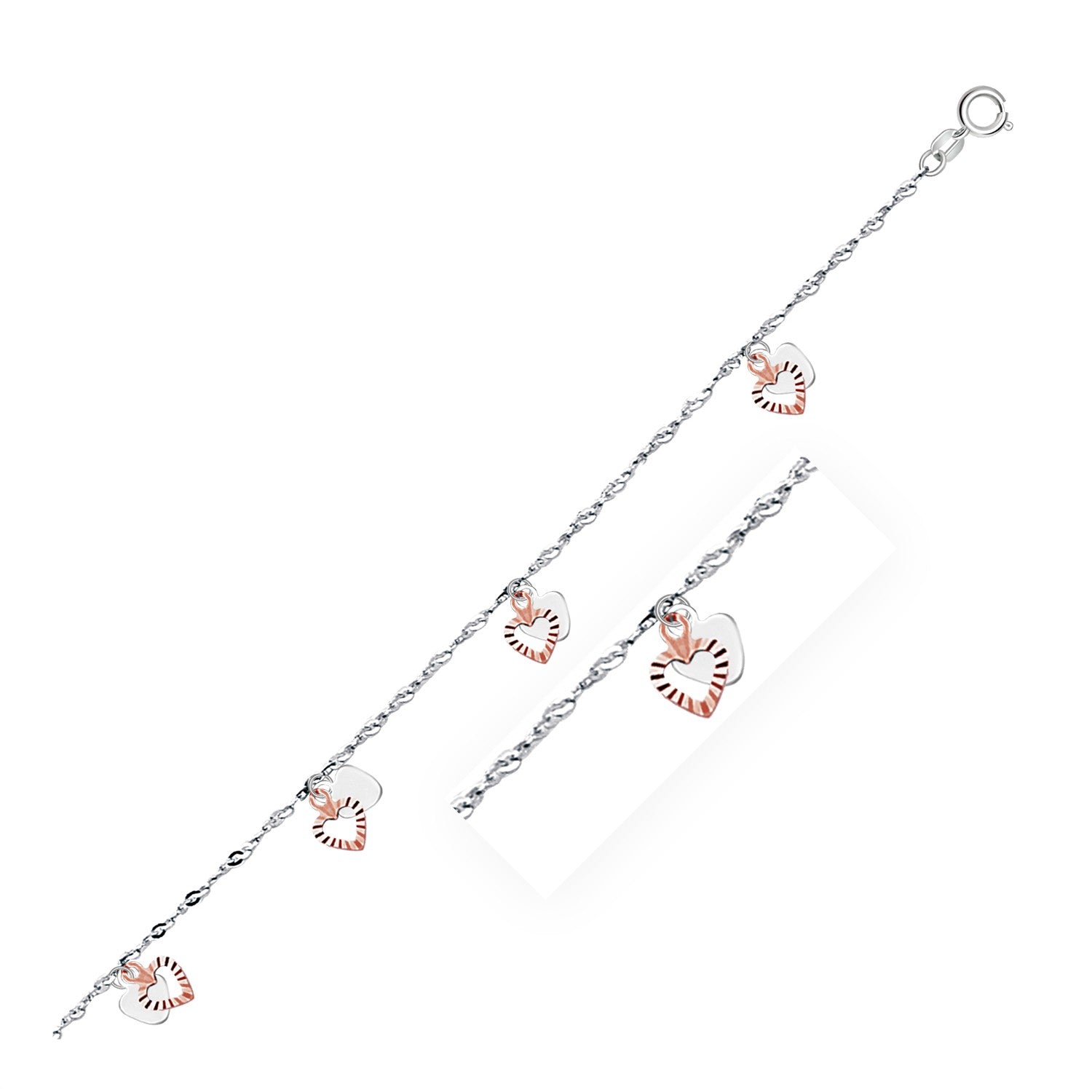 14k White and Rose Gold Anklet with Dual Heart Charms - Coolpeacock